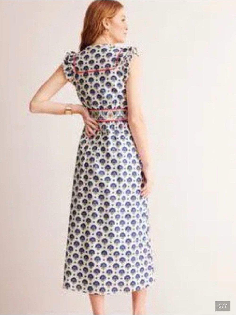 Boden Linen Cotton Frill Embroidered Midi Dress w/ POCKETS Blue & White 12 - Picture 3 of 10